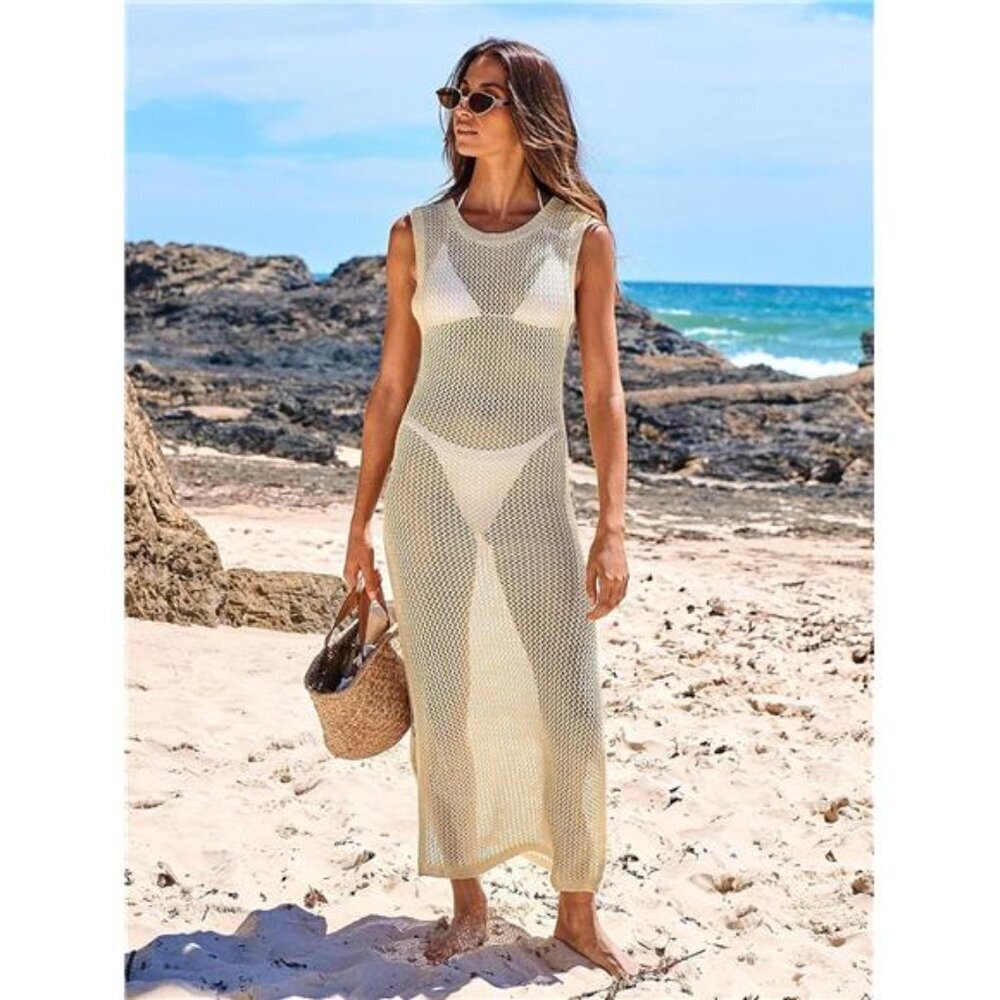 Women's Cover Up Sleeveless Hollow Knit Bikini Coverup Crochet Beach Dress - Picture 9 of 14